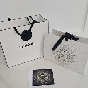 CHANEL White and Black Shopping Bags with Gold Emblem Dark Blue Accents